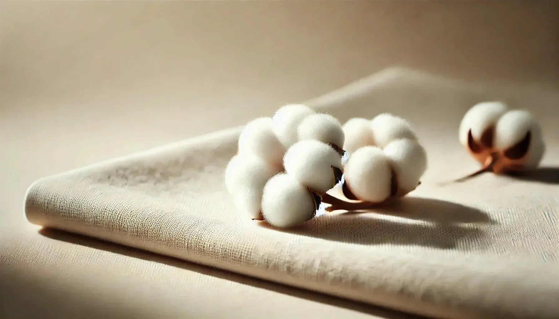 minimalist image of raw, unprocessed cotton bolls resting on a clean, neutral-toned fabric surface, emphasizing their organic and natural quality.