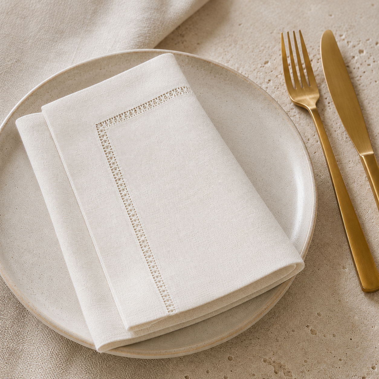 Ivory Linen Napkin, Hand Embroidered, CL14